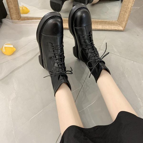 

women's boots autumn lace up boots-women fashion womens shoes round toe booties ladies ankle med punk lolita rubber rock m6-101, Black