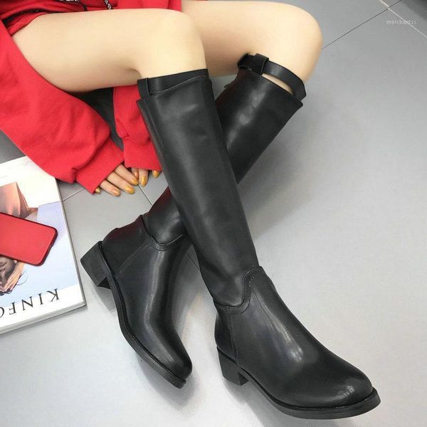 

2020 new fashion women bucket style mid-calf boots square heels shoes quality leather boots sapatos mulher1, Black