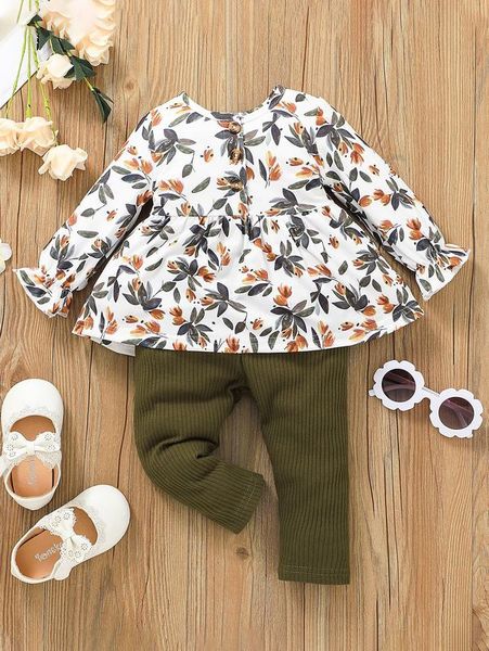

baby floral print flounce sleeve peplum & leggings she, White