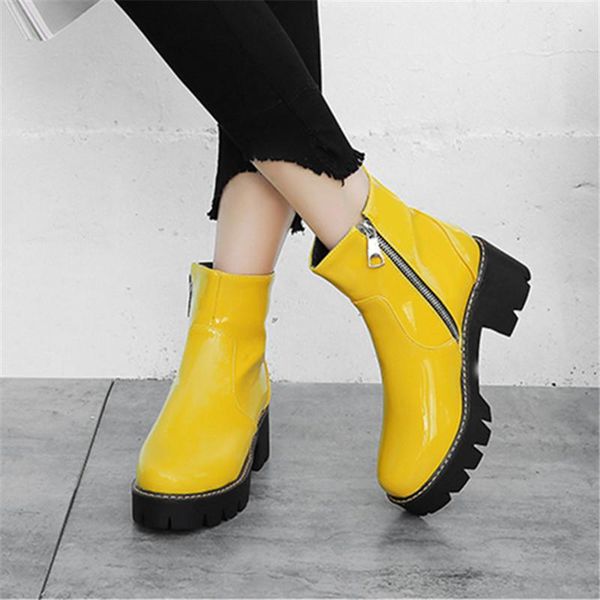 

punk platform fashion purple yellow black patent leather ankle boots mid heels women's shoes 32-43-2021
