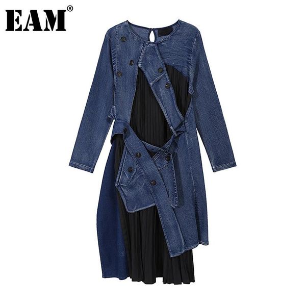 

[eam] women blue denim pleated irregular long dress new round neck long sleeve loose fit fashion tide spring autumn 2020 1z642, Black;gray