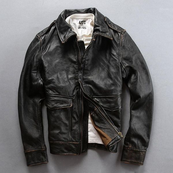 

epaulet 2020 men's vintage genuine cowhide leather coat men american flight jacket male1, Black