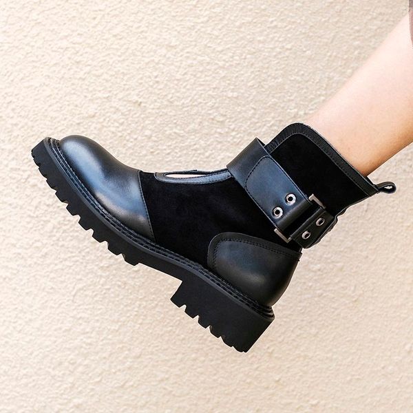 

mezereon women ankle boots leather woman buckles shoes round toe patchwork riding boots for women sapato feminino, Black
