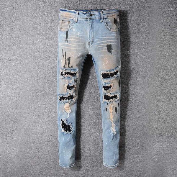 

men patchwork bandanna paisley printed biker jeans biker jeans hombre light blue holes ripped skinny stretch denim pant trousers1