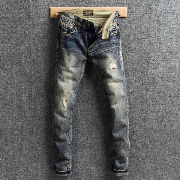 

2021 new italian style fashion slim fit destroyed ripped men vintage designer denim pants hip hop homme 0lb3, Blue