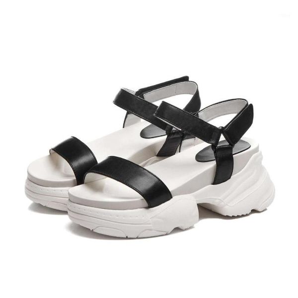

sandals cow leather hook&loop design peep round toe buckle strap gladiator shoes high bottom platform summer brand l171, Black
