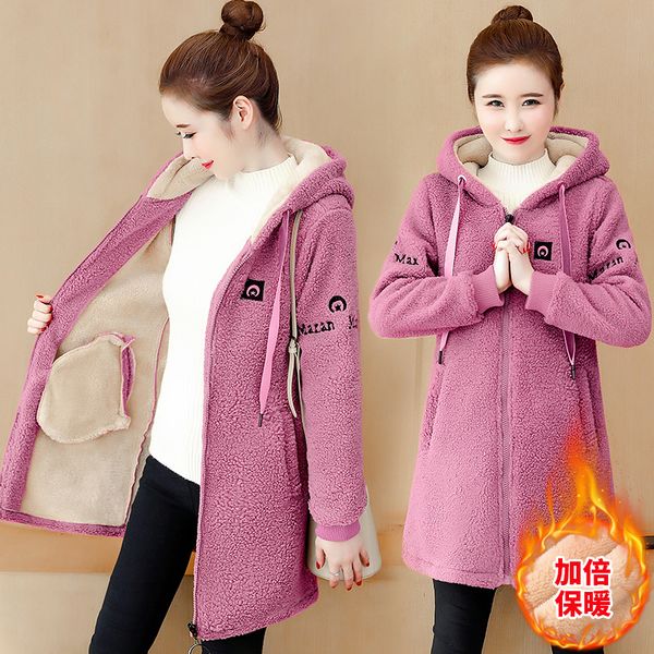 

large size women lamb plush coat autumn winter plush famale jacket women hoodie coats long sleeve plus thick velvet hooded 201007, Black