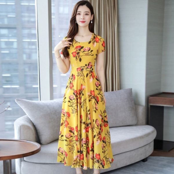 

jlthn show flower big skirt over the knee show thin super fairy skirt swing fashion long dress 2020 new round neck short sleeve flower thin, Black;gray