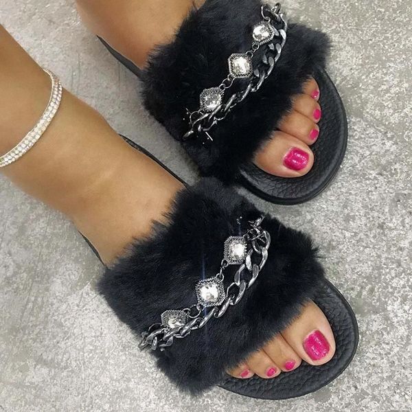 

women sandals flat slippers female casual soft plush furry sandals women shoes comfy rhinestone woman platform shoes plus size #0s9p, Black