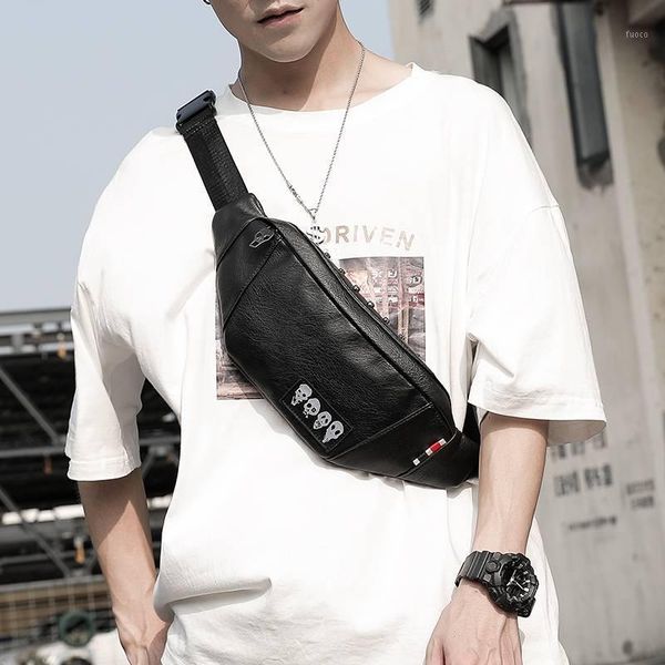 

waist bags fashion bag pu leather pack women's fanny skull punk chest quality men's black phone pouch1