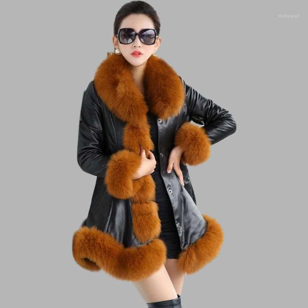 

2021 leather jacket woman faux fur collar plus size 6xl thicken warm mid-length slim winter coat female veste fourrure femme1, Black