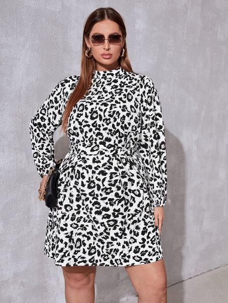 

plus leopard print mock neck belted dress 41ju#, Black