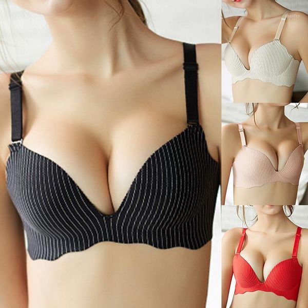 

ladies bra striped girl small chest bra thick gather underwear without steel ring 20201, Red;black