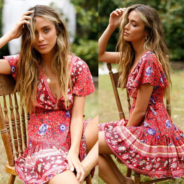 

spring summer new women dress elegant boho v-neck dresses beach casual dresses for women vacation style pleated dress1, Black;gray