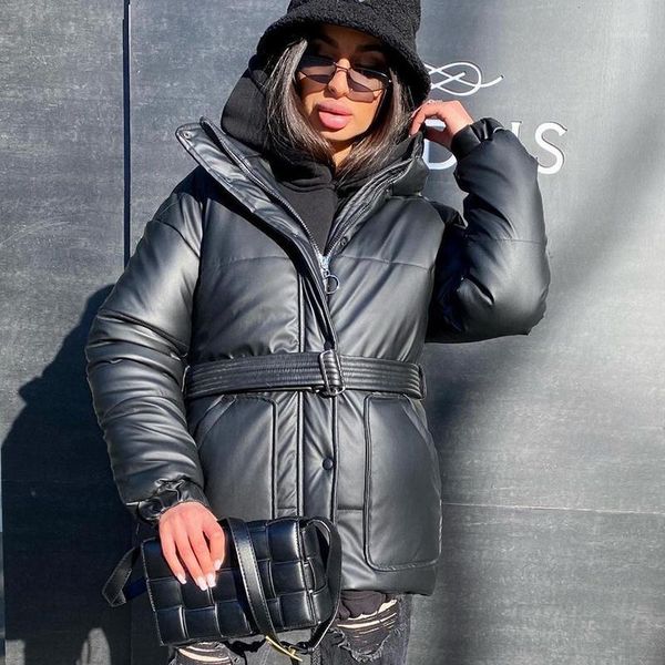 

malina fashion hooded bright parkas women elegant buttons zipper loose coats women tie belt waist solid cotton jackets ladies1, Black