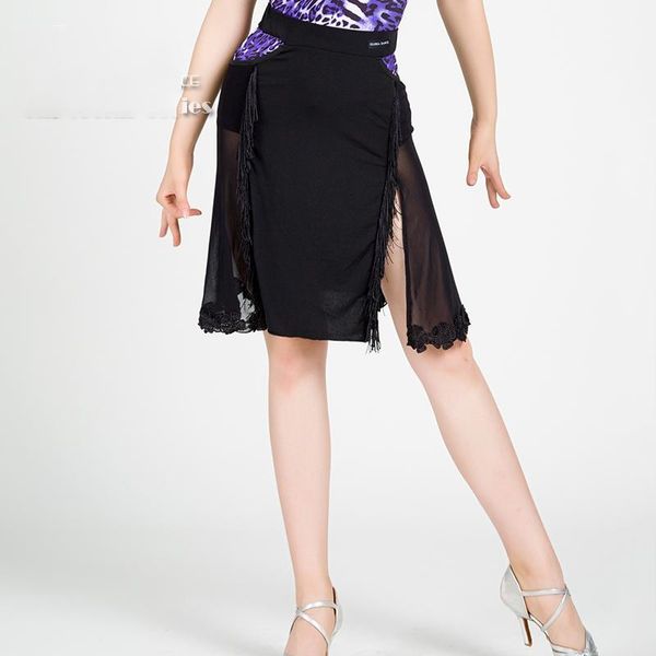 

2019 new latin dance skirt professional women performance dancing dresses mesh fringe skirt practice wear dl50631, Black;red