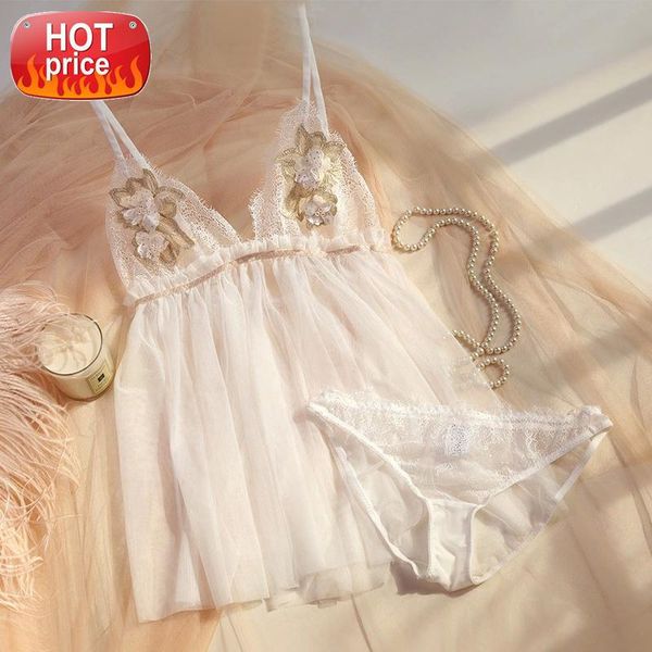 

lingerie lace eyelash embroidery print sling nightdress perspective mesh sleepwear nightgowns women sleeping dress nighty #fj3b, Black;white