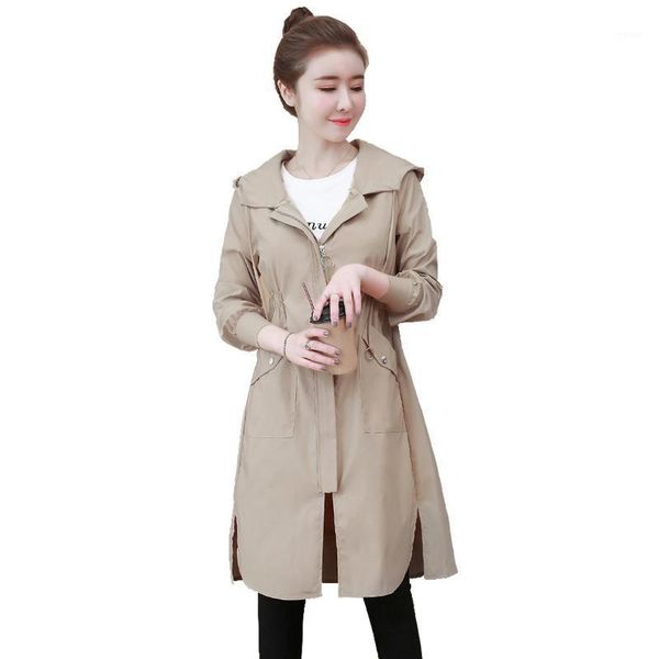 

women trench coat autumn 2020 spring fashion england-style hooded long coat loose thin overcoat windbreaker female1, Tan;black