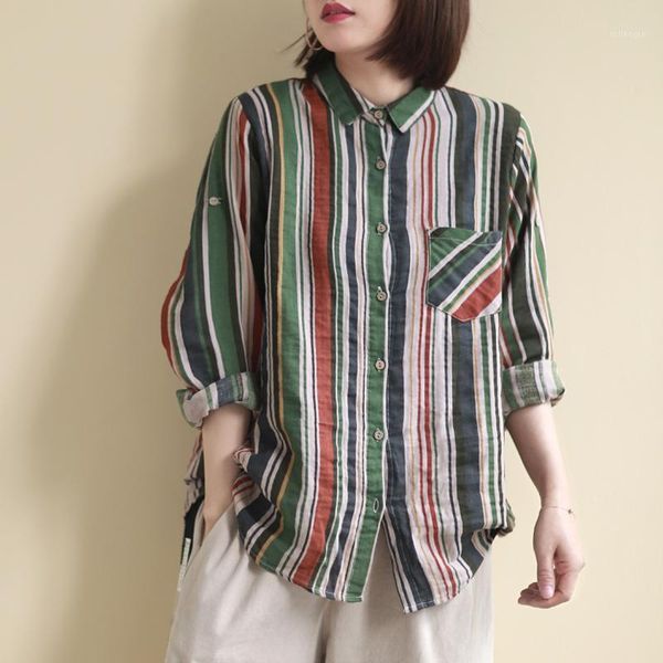 

casual colored vertical striped shirt women's long sleeves loose blouse1, White