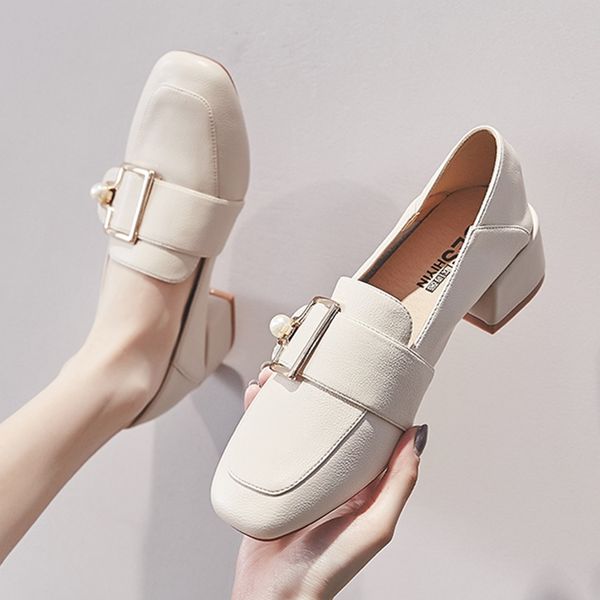

elegant women pumps metal buckle loafers fashion pearl ladies shoes comfortable pu slip-on mid heel women office shoes, Black