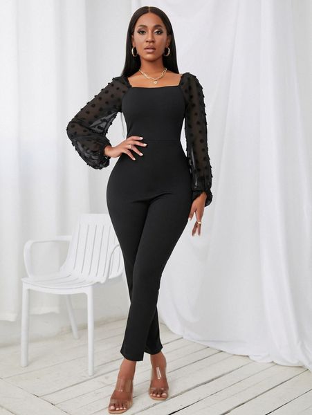 

sxy swiss dot lantern sleeve square neck jumpsuit x77v#, White