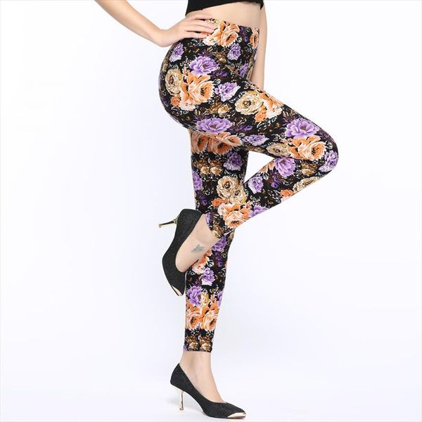 

2021 spring and autumn flowers printing high waist leggings pant casual women print elasticity fitness leggins female, Black