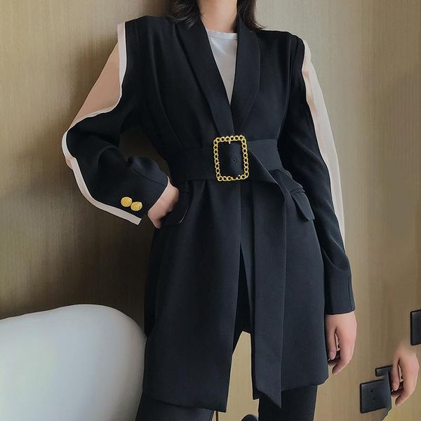 

women's jackets runway designer trendy chic womens coat belted black patchwork metal gold button fashion ladies jacket outwear, Black;brown