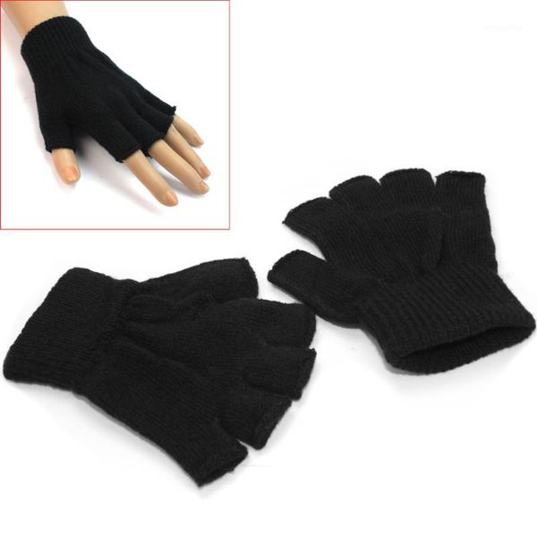 

wholesale- 1 pair men black knitted stretch elastic warm half finger fingerless gloves short for winter1, Blue;gray