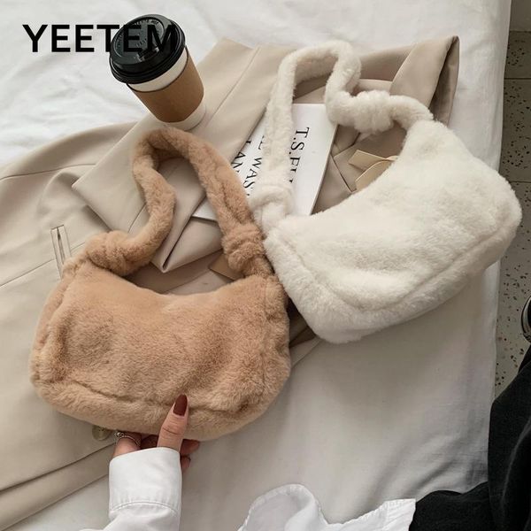 

2021 fluffy small shoulder bag female solid color soft plush handbag ladies messenger bag warm fur underarm new winter