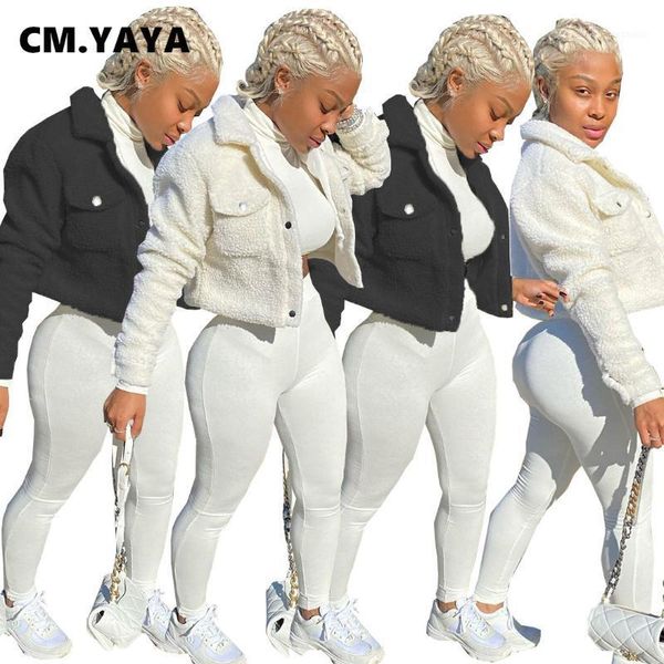 

cm.yaya fall winter women fleece short wool & blends streetwear long sleeve button up jackets1, Black