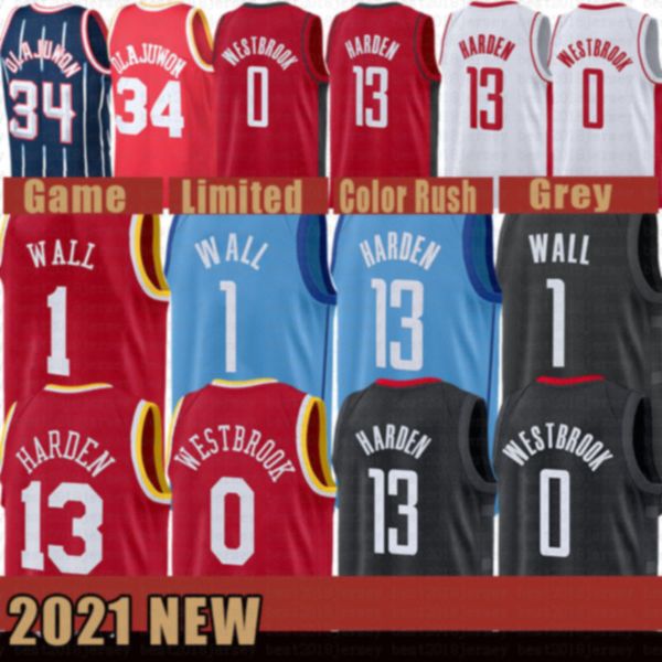 2021 Nova camisa de basquete James 13 Harden Russell 0 Westbrook Mens Hakeem 34 Olajuwon Cheap John 1 Wall Mesh Retro Black