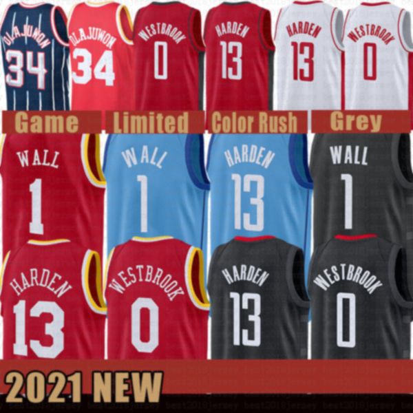 

2021 new james 13 harden basketball jersey russell 0 westbrook mens hakeem 34 olajuwon john 1 wall mesh retro black, Black;red