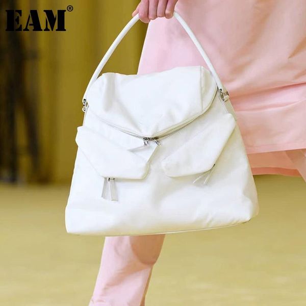 

[eam] women new white large capacity handbag pu leather flap personality all-match crossbody shoulder bag fashion 2021 18a1757