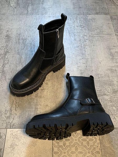 

women's shoes ankle boots 2020 autumn and winter new side zipper casual platform mid-heel motorcycle boots1, Black