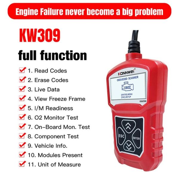 

konnwei kw309 obdii auto car diagnostic scanner tool obdii/2 code reader eobd scanning machine 7 languages car obdii scanner
