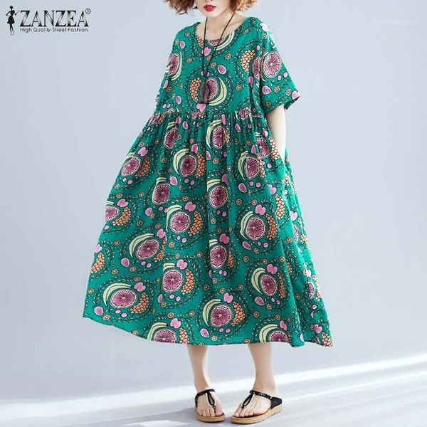 

casual dresses bohemian printed maxi dress women's summer sundress zanzea 2021 short sleeve tunic vestidos female pleated robe plus siz, Black;gray