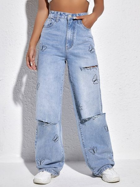 

butterfly print high waist ripped boyfriend fit jeans n3gj#, Blue