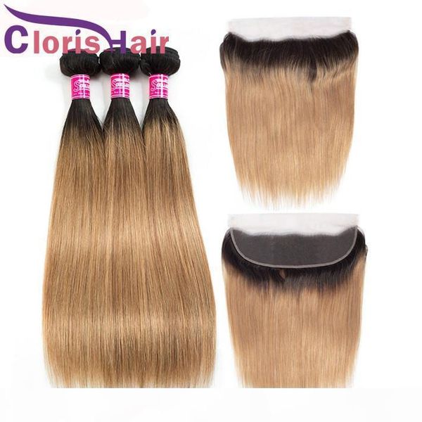 

t1b 27 malaysian virgin straight human hair weaves with closure 3 bundles with frontal ear to ear 13x4 honey blonde ombre full lace frontals, Black;brown