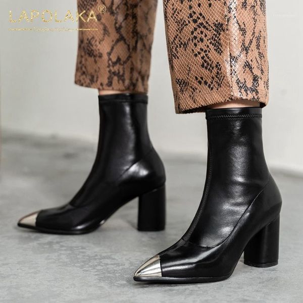 

boots lapolaka 2021 fashion pointed toe ankle women shoes slip on chunky high heels office ladies luxury boots1, Black