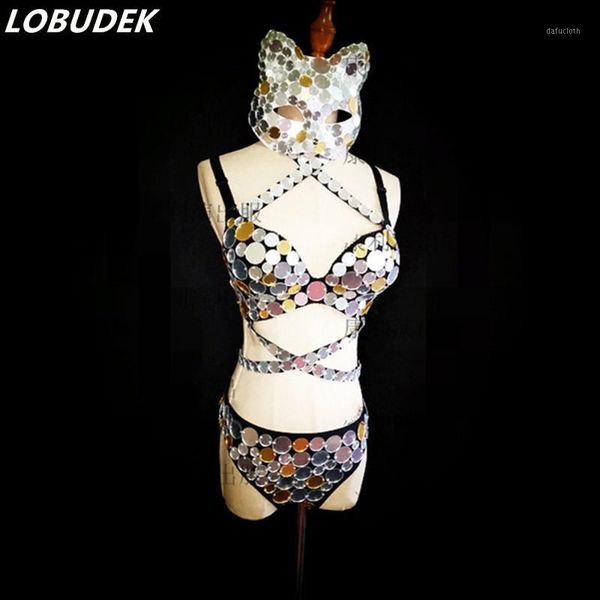 

silvery mirror bikini set bodysuit female dancer nightclub costume bar dj singer show jazz rock performance stage outfit1, Black;red