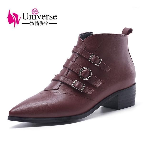 

universe genuine leather pointed toe women ankle boots pu lining buckle decoration shoes boots g2981, Black
