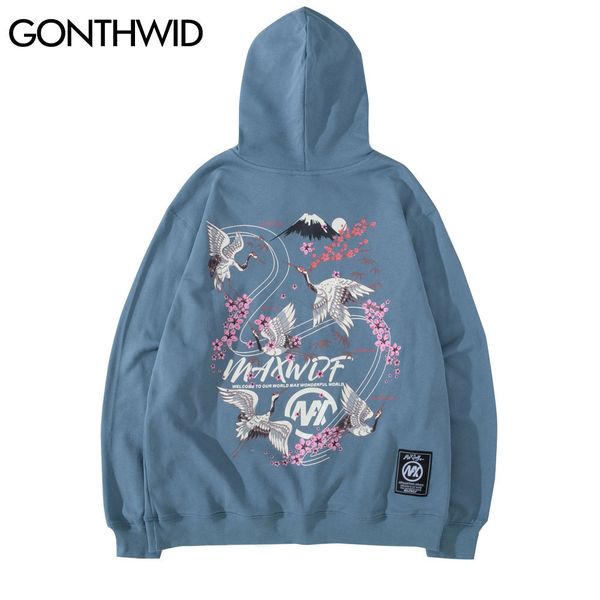 

chinese style cranes cherry blossoms flowers print hooded sweatshirts hoodies streetwear hip hop harajuku sweat shirts kg-340, Black