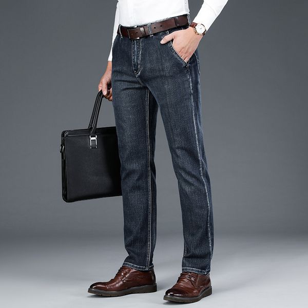 

autumn jeans loose fitting straight elastic middle aged high waist business men's slim pants dad's, Blue