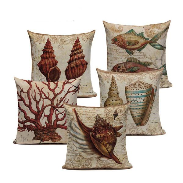 

customized cotton linen marine american shell tropical nautilus cushion pillows 45cmx45cm square bench printed pillow case