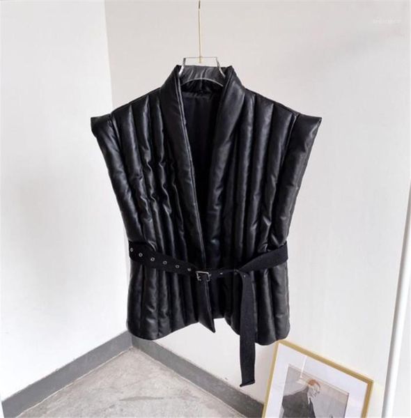 

2020 black faux pu leather down waistcoat jacket sleeves v-neck waist belt fashion women black vest1