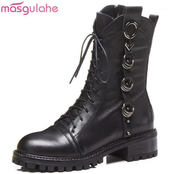 

masgulahe black fashion new arrival ankle boots for women round toe zip genuine leather boots med heels motorcycle1