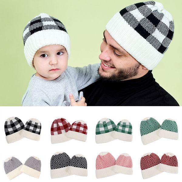 2020 Moda Pais Criança malha Gorros Praça Rhombus Jacquard acrílico Inverno Mantenha Avisar Beanie Hat Mulheres Homens infantil malha Gorros M191H