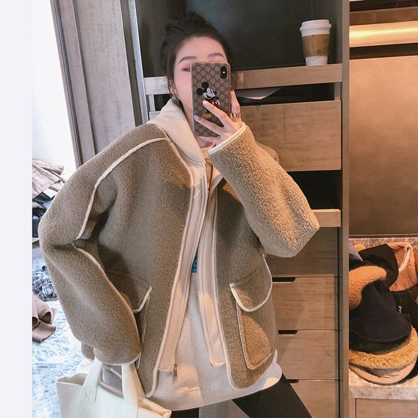 

8018# south korea 2020 winter new hooded south korean cotton clothing loose college style lamb wool splicing coat, Black