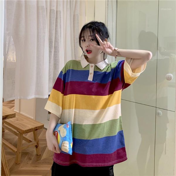 

women shirt rainbow striped lapel short-sleeved woman shirts female fashion loose harajuku clothes 2020 new tunic1, White