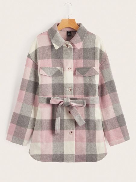 

plaid pattern flap detail belted drop shoulder overcoat s9et#, Black